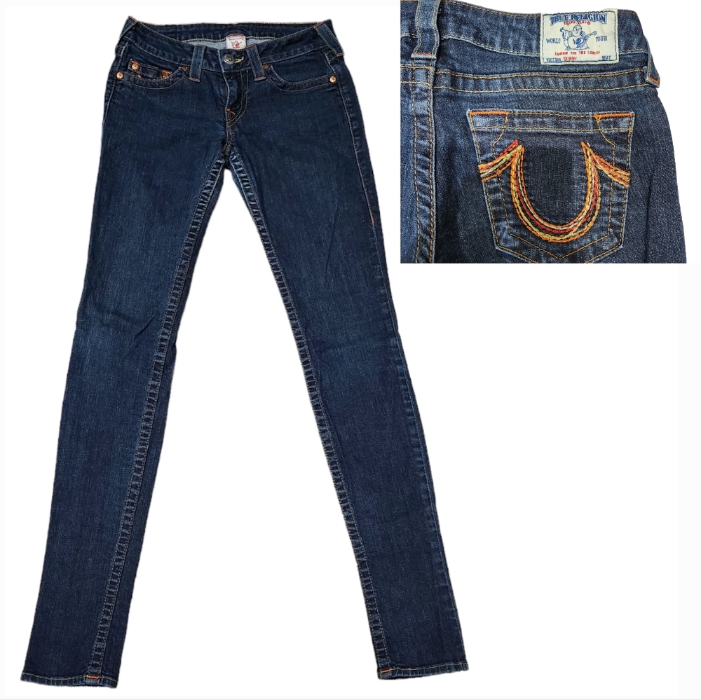 True Religion Dark Wash Low Rise Embroidered Horseshoe Skinny Denim Jeans 27